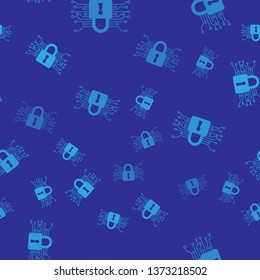 Blue Cyber security icon isolated seamless pattern on blue background. Closed padlock on digital circuit board. Safety concept. Digital data protection. Vector Illustration