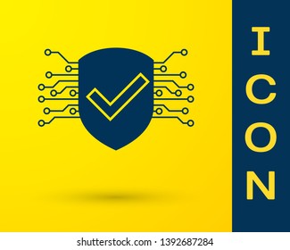Blue Cyber security icon isolated on yellow background. Shield with check mark sign. Safety concept. Digital data protection. Vector Illustration