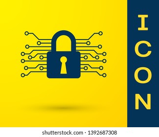Blue Cyber security icon isolated on yellow background. Closed padlock on digital circuit board. Safety concept. Digital data protection. Vector Illustration