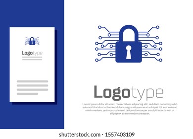 Blue Cyber security icon isolated on white background. Closed padlock on digital circuit board. Safety concept. Digital data protection. Logo design template element. Vector Illustration