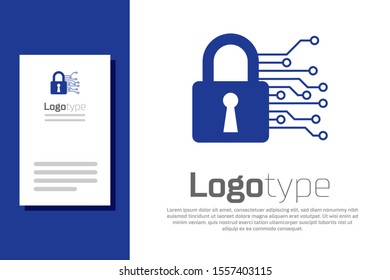 Blue Cyber security icon isolated on white background. Closed padlock on digital circuit board. Safety concept. Digital data protection. Logo design template element. Vector Illustration