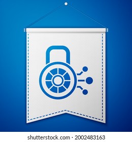 Blue Cyber security icon isolated on blue background. Closed padlock on digital circuit board. Safety concept. Digital data protection. White pennant template. Vector