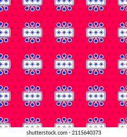 Blue Cyber security icon isolated seamless pattern on red background. Closed padlock on digital circuit board. Safety concept. Digital data protection.  Vector