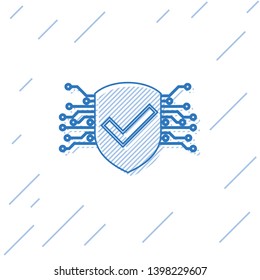 Blue Cyber security line icon isolated on white background. Shield with check mark sign. Safety concept. Digital data protection. Vector Illustration
