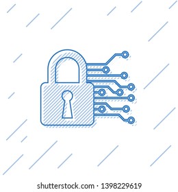 Blue Cyber security line icon isolated on white background. Closed padlock on digital circuit board. Safety concept. Digital data protection. Vector Illustration