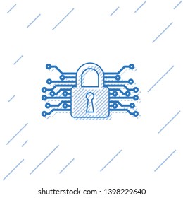 Blue Cyber security line icon isolated on white background. Closed padlock on digital circuit board. Safety concept. Digital data protection. Vector Illustration