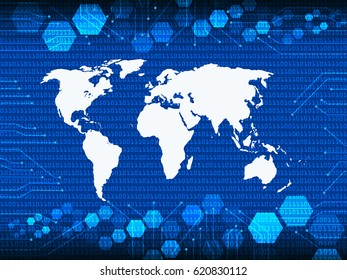 Blue Cyber Security world atlas map with drop shadow and digital matrix background