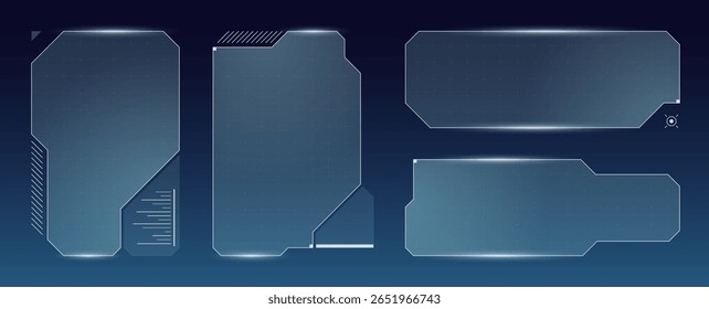 Blue cyberpunk HUD set com janelas digitais, grade de painel e destaques infográficos. Ideal para jogos futuristas, salas de controle ou apresentações de interface de usuário de ficção científica.