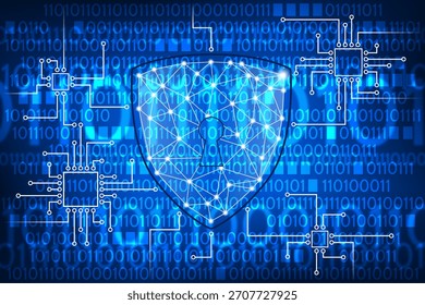 Un concepto de ciberseguridad azul con un escudo abstracto, una placa de circuito impreso y un fondo de código binario