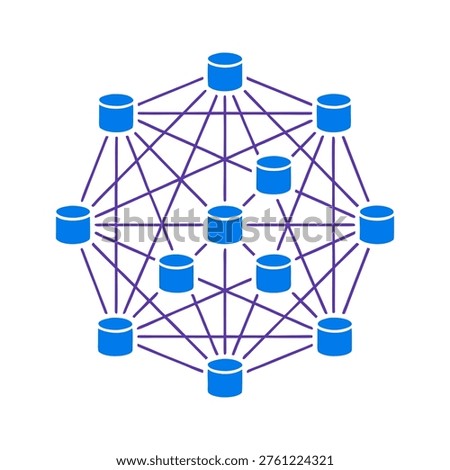 blue cylinder database nodes interconnected by purple lines forming a distributed storage network mesh symbolizing decentralized data infrastructure redundancy cloud computing and scalable server architecture