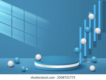 Cilindro azul sobre un fondo azul oscuro con sombras naturales. Ilustración tridimensional perfecta para mostrar sus productos.