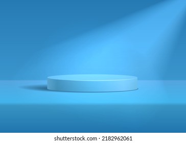 Blue cylinder pedestal podium. Realistic vector rendering 3d shape. Studio room concept with podium and spotlight minimal wall scene