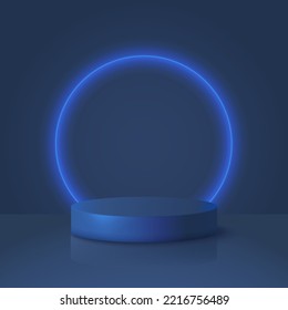 Blue Cylinder Podium Illuminated with Neon Round Lamp on Dark Blue Background. Vector illustration