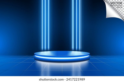 Blue cylinder podium with neon light line background scene for digital business technology product