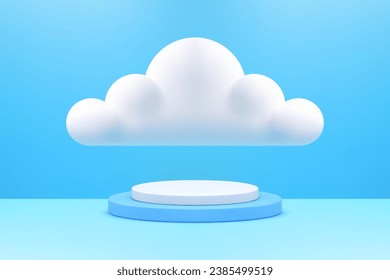 Blue cylinder podium pedestal with white fluffy cloud for product presentation realistic vector illustration. Round empty stage showroom display for retail sale commercial presentation promo studio