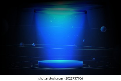 Blue cylinder product display mockup in galaxies space concept. 3d podium on blue background. Vector illustration