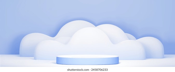 Blue cylinder product podium with abstract white cloud or smoke shape on pastel wall background. Realistic 3d vector of empty display platform mockup with dreamy fog. Minimal sky scene with stand.