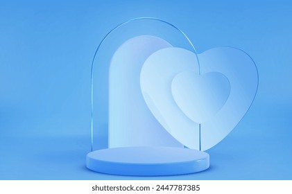 Blue cylinder product podium with arch and heart decorative elements in pastel colored studio room interior with walls and floor. Realistic 3d vector minimal scene with round platform or stage.