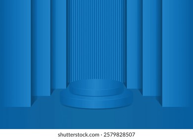 Blue cylindrical podium with symmetrical pillar background. Futuristic design suitable for architectural concepts, presentations, display mockups or digital backgrounds.