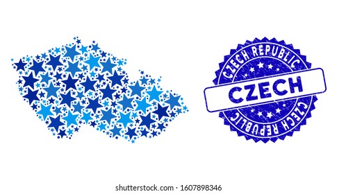 Blue Czech map composition of stars, and scratched round stamp. Abstract territorial scheme in blue shades. Vector Czech map is designed with blue stars. Designed for political and patriotic collages.