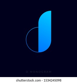 Blue D letter. D logo. D monogram isolated, on dark backgrounds.