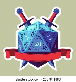 Blue D20 Die With Red Ribbon and Swords. Flat Style svg