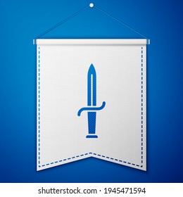 Blue Dagger icon isolated on blue background. Knife icon. Sword with sharp blade. White pennant template. Vector