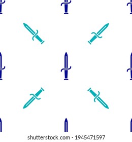Icono de Daga Azul aislado patrón sin fisuras en fondo blanco. Icono de cuchillo. Espada con cuchilla afilada.  Vector