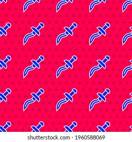 Blue Dagger icon isolated seamless pattern on red background. Knife icon. Sword with sharp blade.  Vector