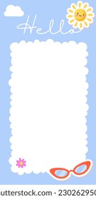 Blue daily planner. Place for notes, organization of effective study process. To do list, dairy and notebook. Sheet of paper with sunglasses and inscription Hello. Cartoon flat vector illustration
