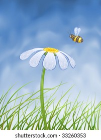 Blue daisy and a bee collecting honey over blue gradient mesh sky (vector image, other flowers are in my gallery)