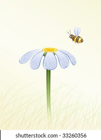 Blue daisy and a bee collecting honey painted in watercolor (vector image, other flowers are in my gallery)