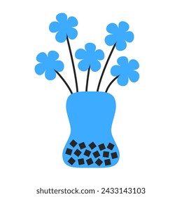 Flor de manzanilla margarita azul en jarrón. Jarrón de vidrio azul cerámico con patrón cuadrado negro. Lindo icono de flores. Decoración de vidrio. Arte abstracto moderno. Fondo blanco. Diseño plano. Vector