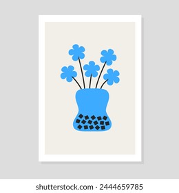 Blue daisy chamomile flower set in vase. Ceramic glass vase with black pattern. Cute flowers icon. Pottery Glass decoration. Modern abstract art. Hand drawn poster. White background Flat design Vector