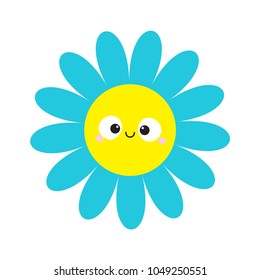 Blue daisy chamomile with smiling face head. Cute flower plant collection. Love card. Cute cartoon funny character. Camomile icon Growing concept. Flat design. White background. Vector illustration