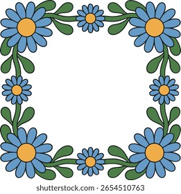 Marco floral de la margarita azul, borde cuadrado de la flor, corona botánica dibujada a mano, invitación de la primavera, Ilustración vectorial decorativa