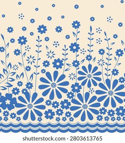 Blue Daisy Floral Seamless Decorative Pattern on Beige Background