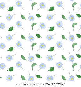 azul Daisy Floral Padrão sem emenda com folhas verdes 