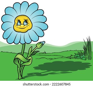 Blue Daisy Flower with Smiling Face - Colored Cartoon Illustration with Background, Vector