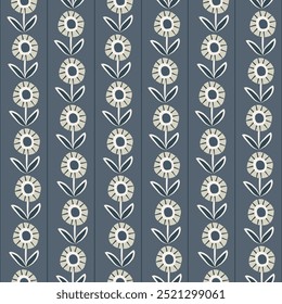 Blue daisy flower vector seamless pattern background. Geometrical vertical floral backdrop with flowers and thin stripes Botanical repeat for garden, gender neutral baby.Farmhouse scandi style