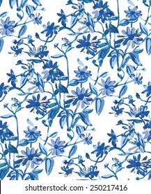 Blue daisy flowers on the white background. Seamless pattern. 