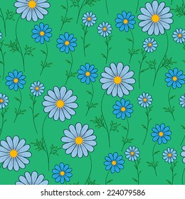  blue daisy on a green background  vector seamless pattern 