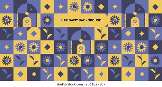 Blue daisy pattern design with daisies, entrance doors, stars, etc. Vector illustration.