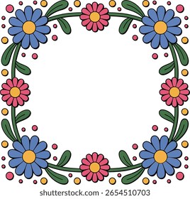 Marco de flor azul y rojo, borde floral cuadrado, corona botánica dibujada a mano, invitación de primavera, diseño de Vector colorido