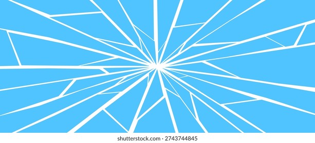 Blue damaged and broken texture. Grunge shattered glass effect background. Radial cracked lines explosion pattern. Fractured triangle fragments, pieces, shatters concept. Vector debris illustration
