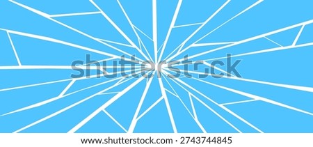 Blue damaged and broken texture. Grunge shattered glass effect background. Radial cracked lines explosion pattern. Fractured triangle fragments, pieces, shatters concept. Vector debris illustration