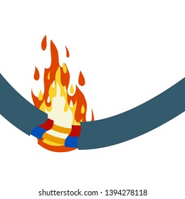 Blue damaged cable with red wire. Orange flame and fire. Broken line. faulty electrical appliance. short circuit. Safety rule. Cartoon flat illustration
