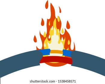 Blue damaged cable with red wire. short circuit. Cartoon flat illustration. Broken line. faulty electrical appliance. Safety rule. Orange flame and fire