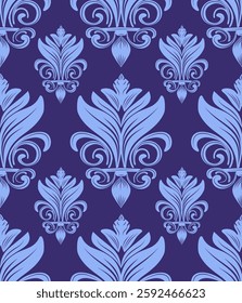 Blue Damask classic seamless pattern with abstract floral, vector illustration elegant for textile design, wall paper, bedding, curtain, cushion, upholstery fabric, decoration, luxury, vintage design