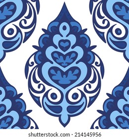 Blue Damask Floral Vector Seamless Pattern Vintage